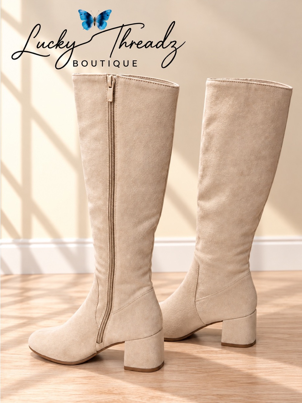 Light Beige Faux Suede Knee High Boots Women’s 37 6.5 Block Heel